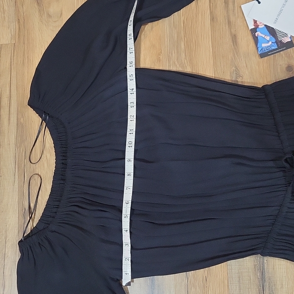 WHO WHAT WEAR Black Bardot Boho Rayon Drawstring Waist Side Slit Long Midi Dress - Picture 9 of 13